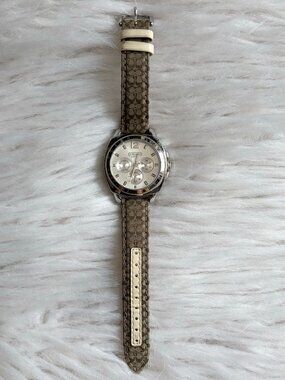 Coach Women’s Signature Monogram Watch Khaki Brown Cream Silver NEEDS BATTERY